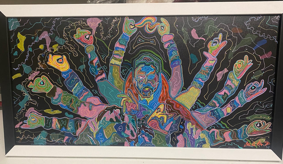 Colorful abstract painting with swirling patterns and shapes.