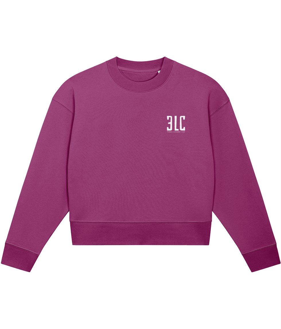 3LC chest logo on organic pink ladies cropped sweater, by Three Legged Cat Apparel