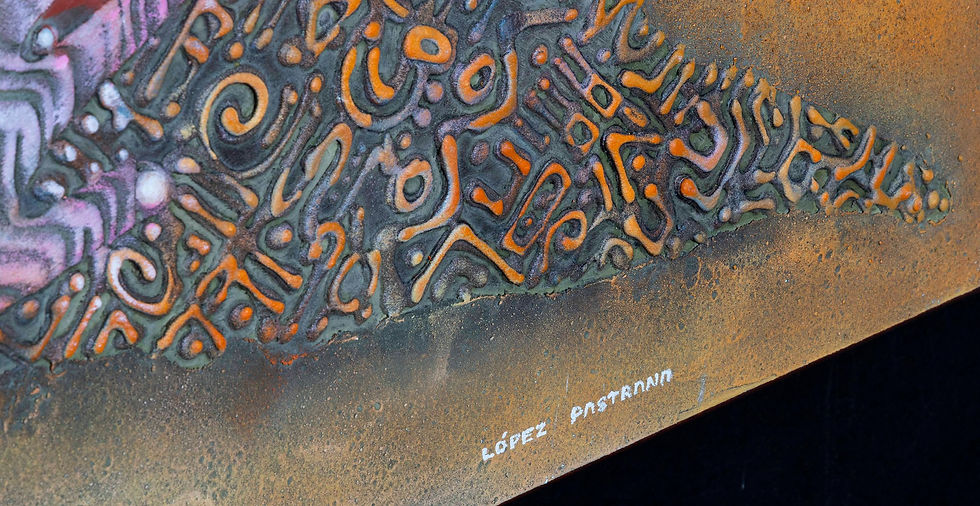 This image features a zoom of a mexican painting called Dar y Quitar where the details of the technique are being shown as well as the artist signature.