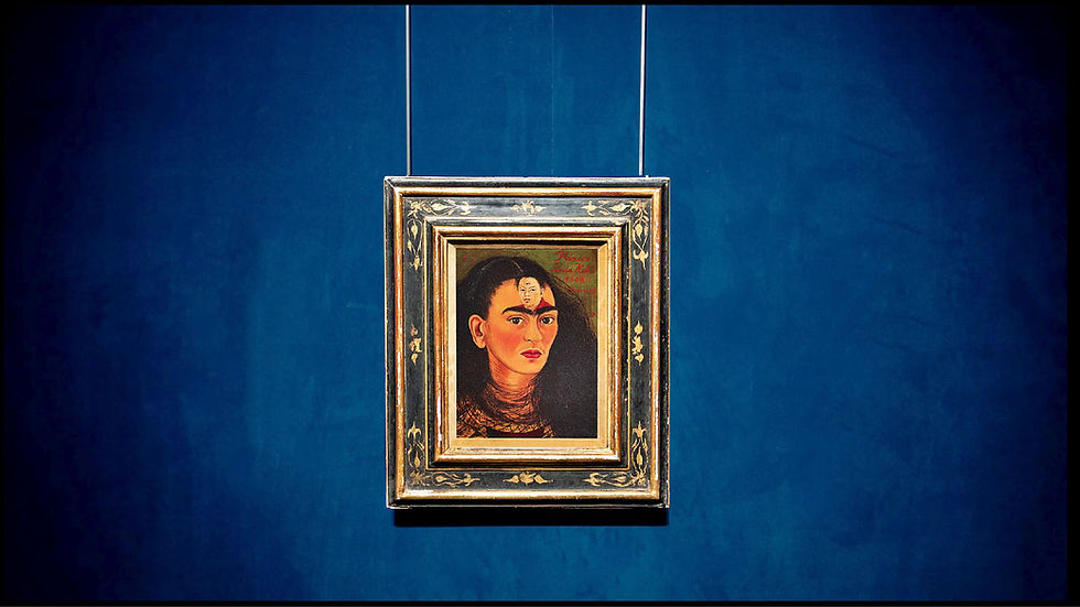 Painting of Frida named Diego y yo on a blue background wall