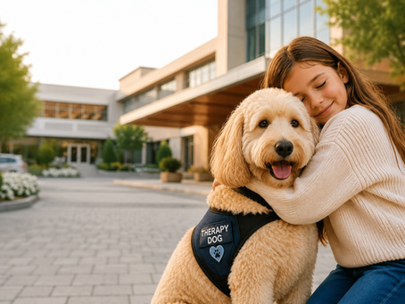 Young girl embracing a cream Australian Labradoodle therapy dog, showcasing the breed's gentle temperament and suitability for therapy work.