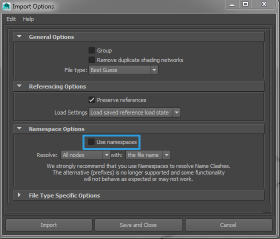 Turn off Use Namespaces in Import Options File> Import> Option Box. This is best if you are not using Maya's UI for your file browser.