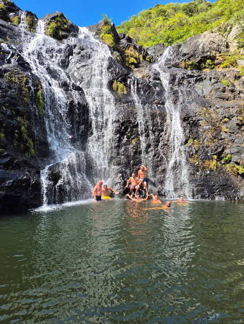 Group swimming in waterfall pool