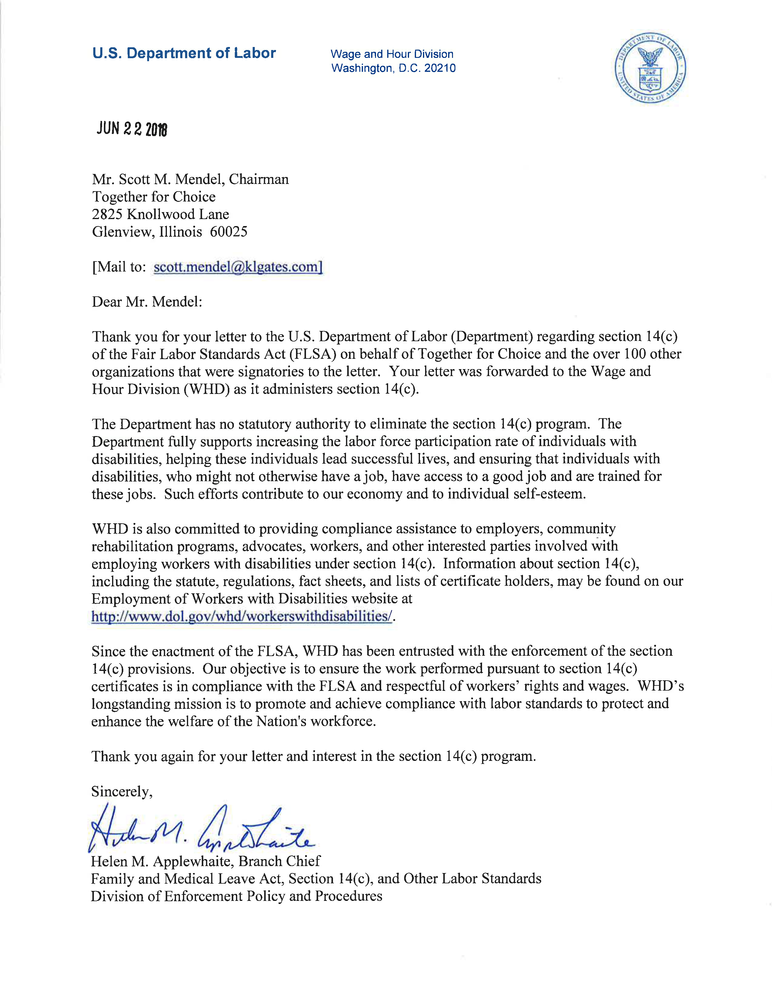 U.S. Department of Labor's Response Letter regarding Section 14(c) of Fair Labor Standards Act