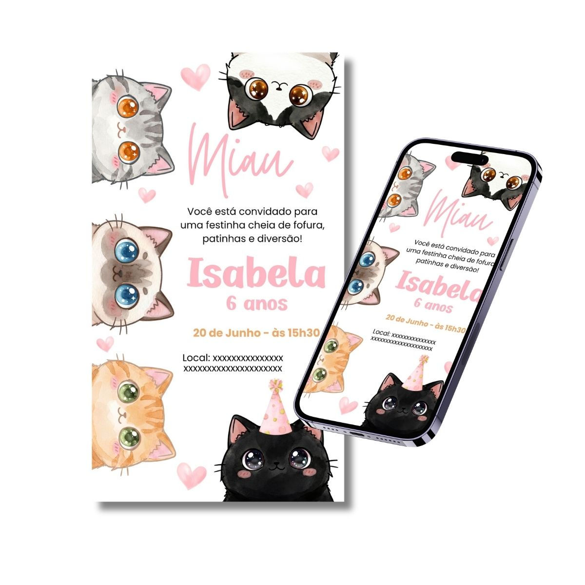 Convite Digital de Aniversário Gatinhos Fofos