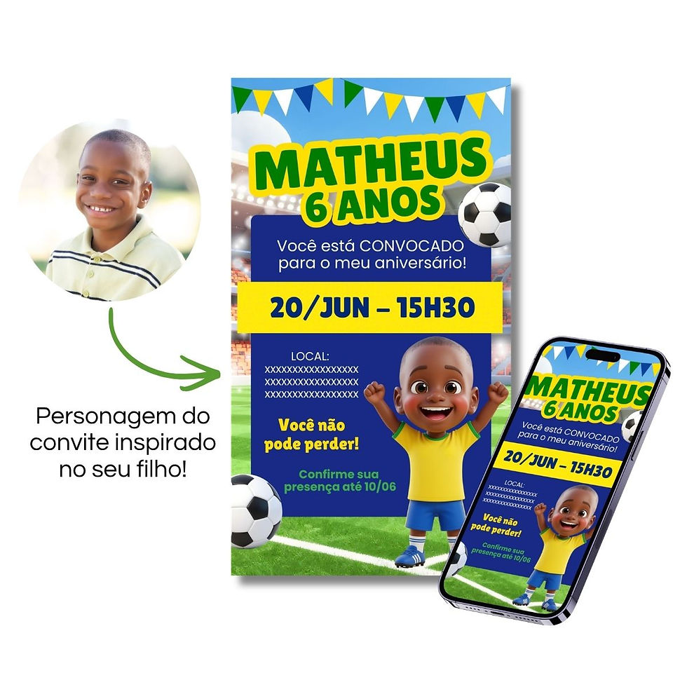 Convite de copa do mundo com um menino comemorando vestindo uniforme do Brasil