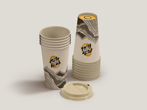 Stack of takeaway coffee cups for Mile High Coffee Club.
