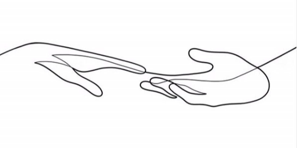 Deux mains se dirigent l'une vers l'autre ou se séparent. Dessin en un trait