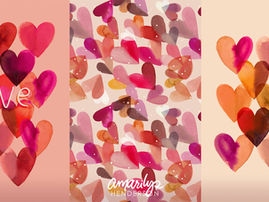 three watercolor artworks using handpainted hearts in pink, red, and neutrals