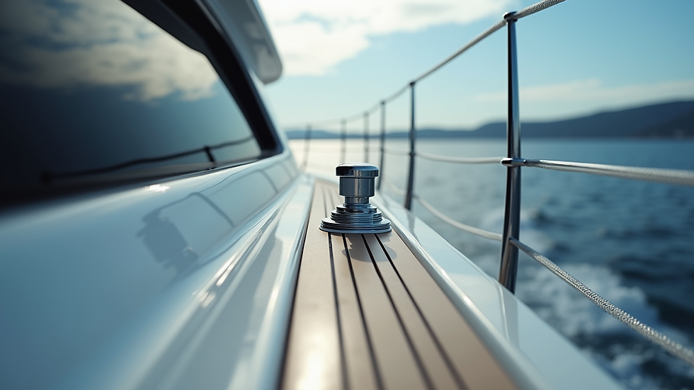 Eye-level view of yacht deck showing fittings and equipment