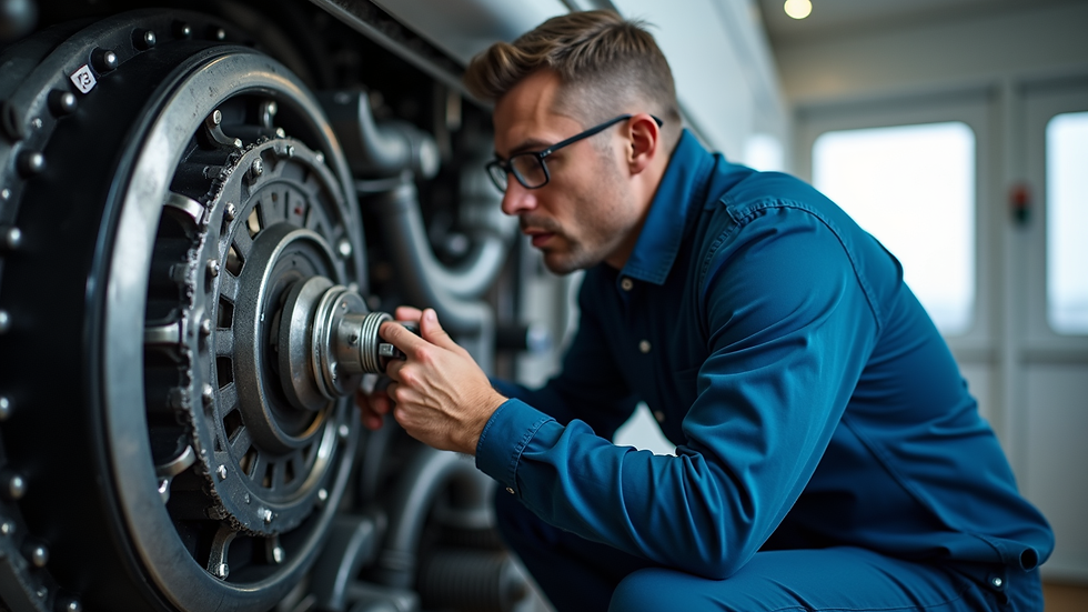 Close-up view of a marine surveyor inspecting a yacht engine