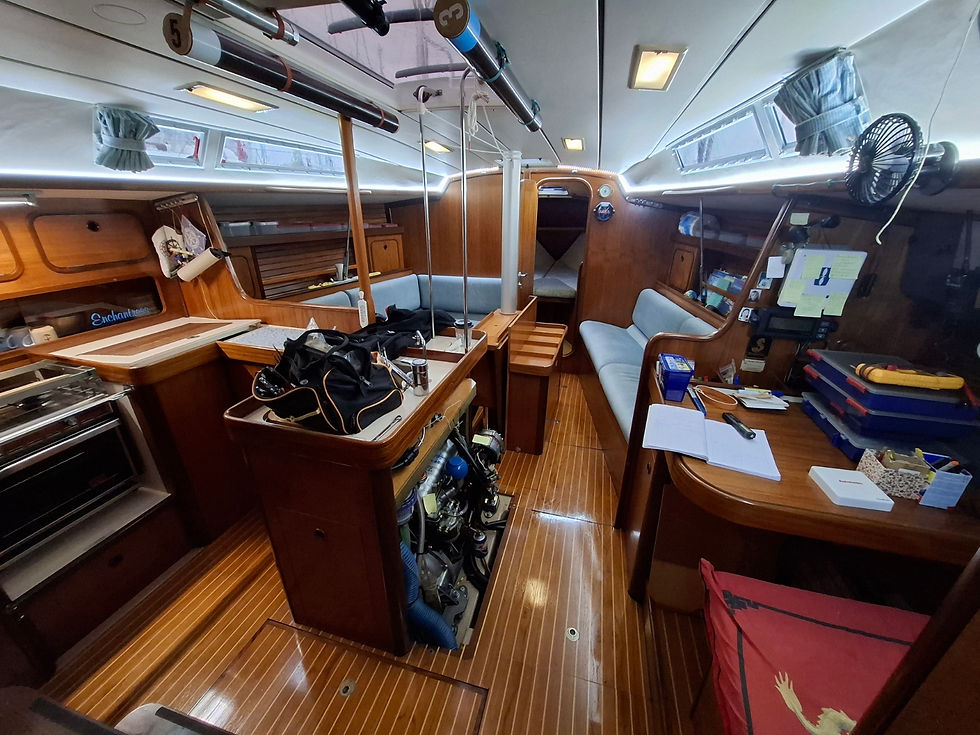 The interior of the cabin features immaculate joinery complemented by beautifully polished floors, showcasing superior craftsmanship and a refined, elegant finish.