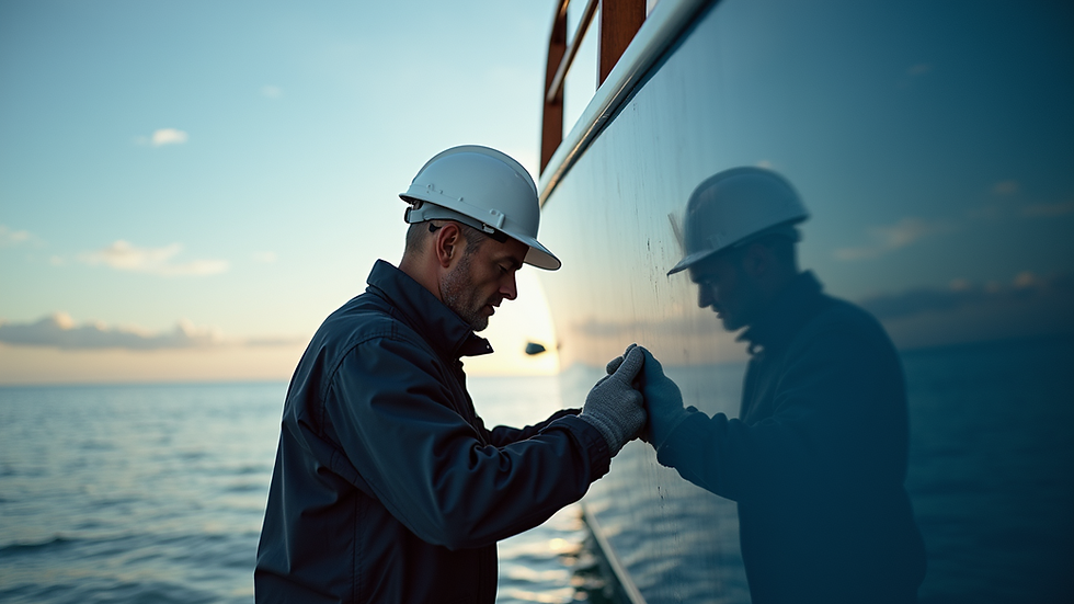 Close-up view of a marine surveyor inspecting a yacht’s hull