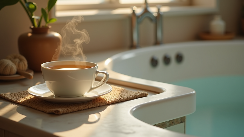 Close-up view of a steaming cup of herbal tea beside a bathtub