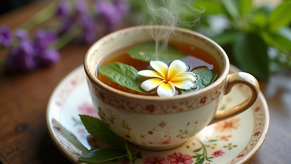 Close-up view of a steaming cup of herbal tea with fresh herbs and flowers