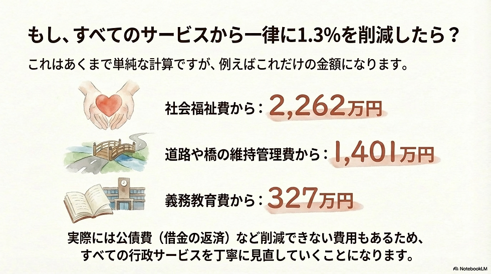 もし、すべてのサービスから一律に1.3%を削減したら? これはあくまで単純な計算ですが、例えばこれだけの金額になります。 社会福祉費から:2,262万円 道路や橋の維持管理費から:1,401万円 義務教育費から:327万円 実際には公債費(借金の返済)など削減できない費用もあるため、すべての行政サービスを丁寧に見直していくことになります。