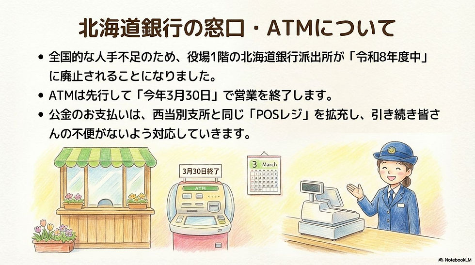 北海道銀行の窓口・ATMについて 全国的な人手不足のため、役場1階の北海道銀行派出所が「令和8年度中」に廃止されることになりました 。ATMは先行して「今年3月30日」で営業を終了します 。公金のお支払いは、西当別支所と同じ「POSレジ」を拡充し、引き続き皆さんの不便がないよう対応していきます 。
