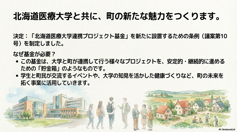 北海道医療大学と共に、町の新たな魅力をつくります。 決定: 「北海道医療大学連携プロジェクト基金」を新たに設置するための条例(議案第10号)を制定しました 。 なぜ基金が必要? この基金は、大学と町が連携して行う様々なプロジェクトを、安定的・継続的に進めるための「貯金箱」のようなものです 。 学生と町民が交流するイベントや、大学の知見を活かした健康づくりなど、町の未来を拓く事業に活用していきます 。