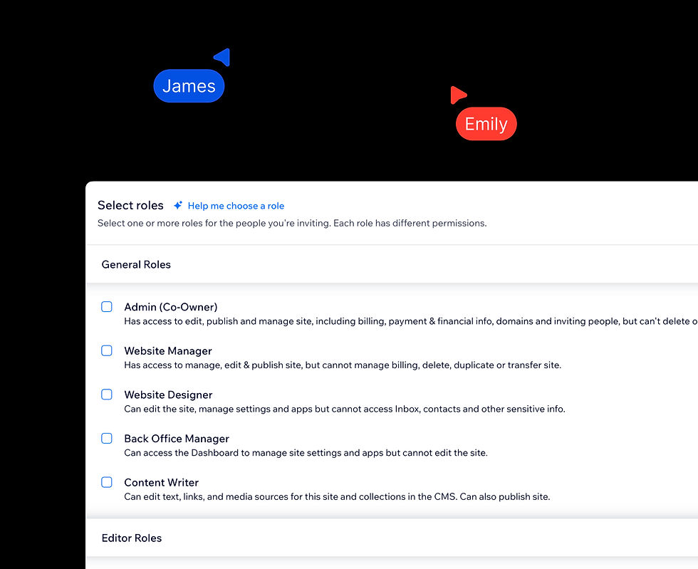 Wix Studio collaboration tools support team workflows with role-based permissions, client access management, content editing controls, and shared workspaces.