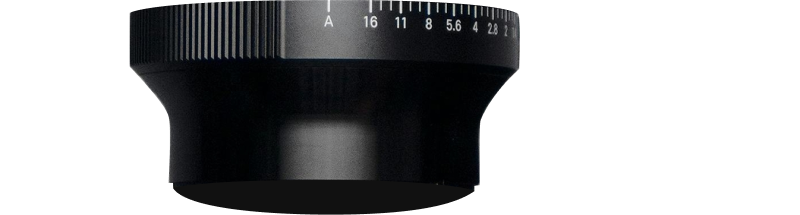 Camera lens with aperture settings A, 16, 11, 8, 5.6, 4, 2.8, 2