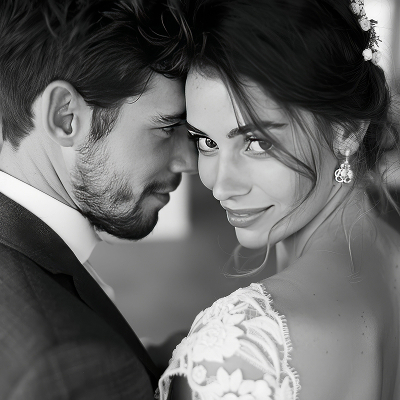 Close-up black and white portrait of a smiling bride and groom