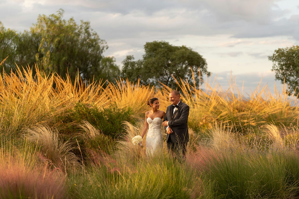 Wedding couple walking through tall golden grasses