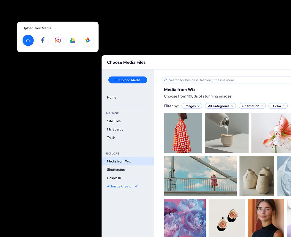 Wix Studio media manager lets users organize, upload, search, and manage images, videos, and creative assets from a centralized content library.
