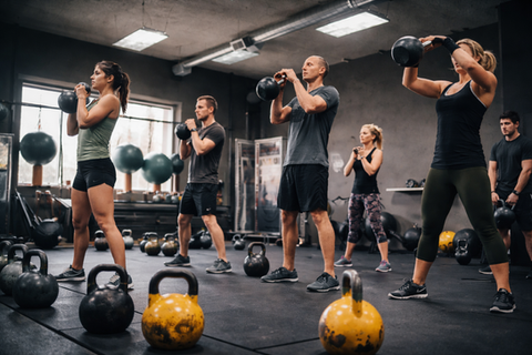 Gruppe beim Functional Training mit Kettlebells in einem modernen Fitnessstudio mit dunklem, minimalistischen Design.