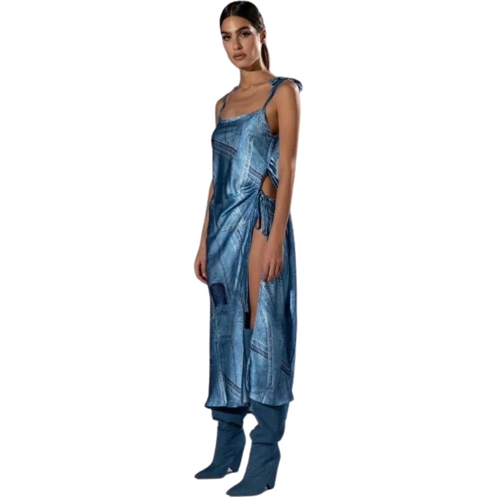 Thumbnail: Silky Denim Print Dress | High Slit Top