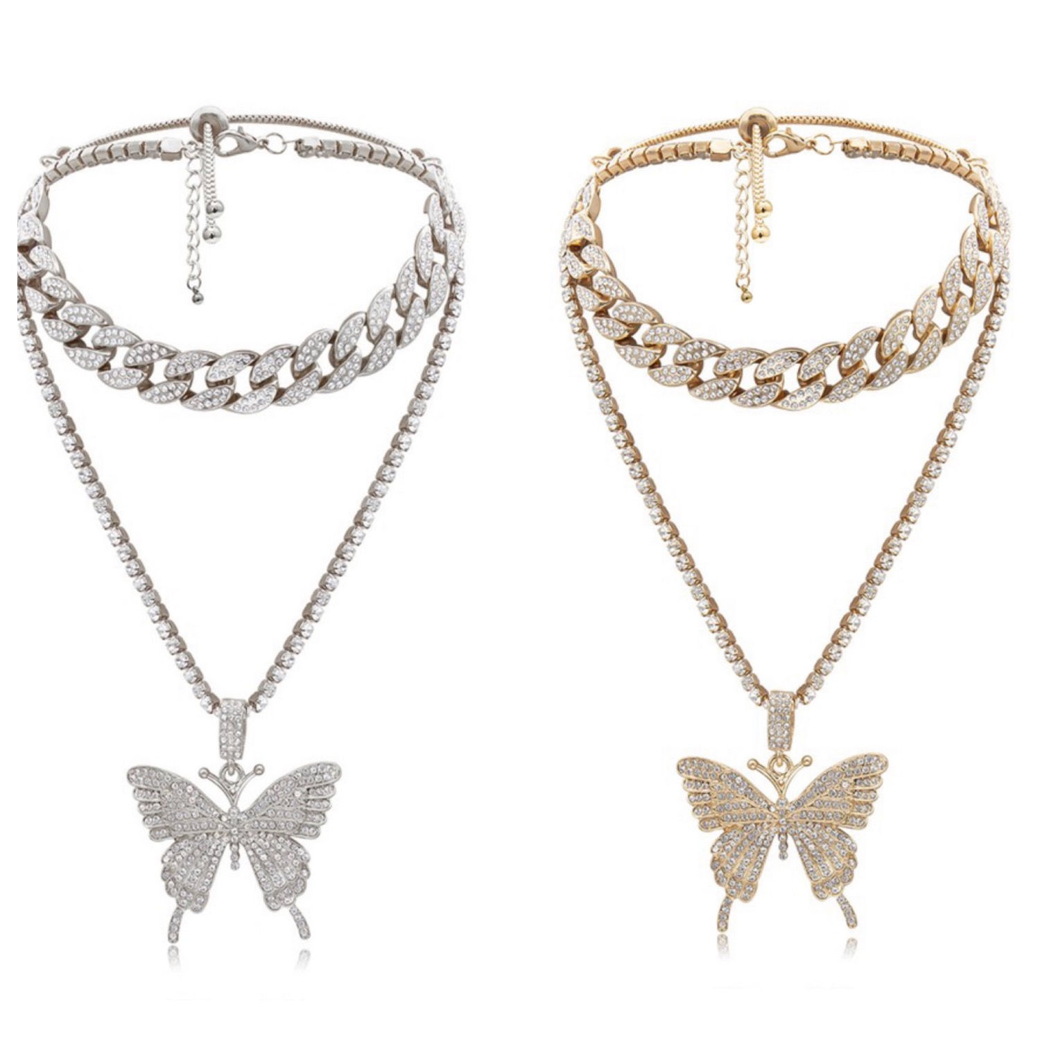 Dual Chain Rhinestone Butterfly Necklace 
