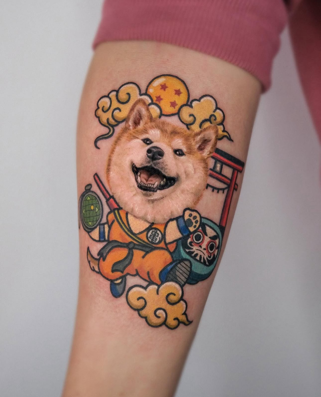 Colour Shiba Inu Goku Japanese style pet portrait forearm tattoo by Sharon at The Story of Us MCR, near Deansgate Manchester