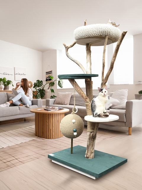 Arbre à chat artisanal made in France, décoratif en bois naturel.
