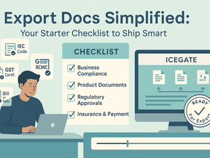 A checklist of export documents laid out on a desk, including invoice, shipping bill, and IEC certificate, representing essential paperwork for international trade compliance.