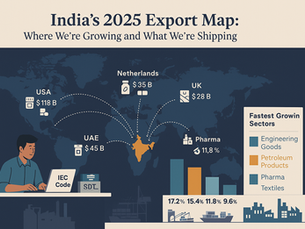 Map shows India's 2025 exports to USA, Netherlands, UK, and UAE. Fastest growing sectors: engineering goods, petroleum, pharma, textiles.