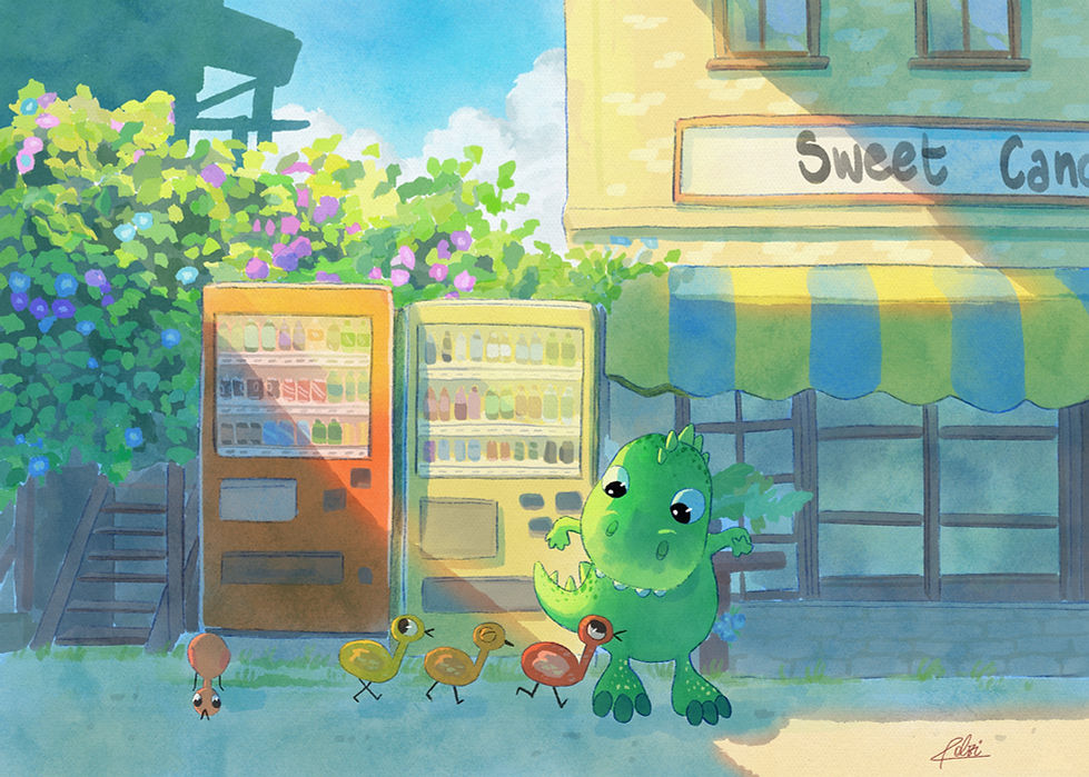 Illustration pour enfants d'un petit dinosaure et de ses amis