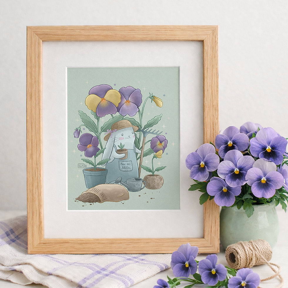 Miniature : Carte A6 lapin blanc encadrée avec vase de pensées et torchon ancien