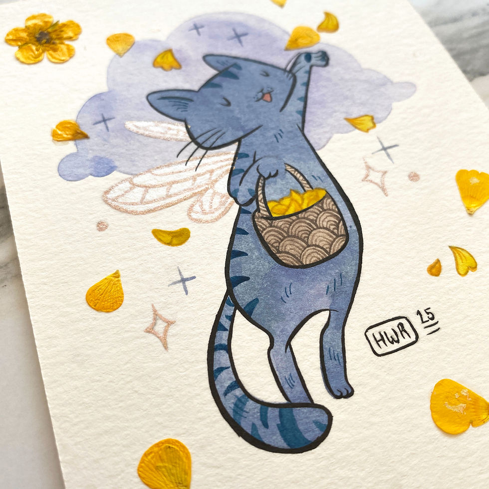 Miniature : Aquarelle originale " Chat & boutons d'or " - Série " Douceur de fleurs