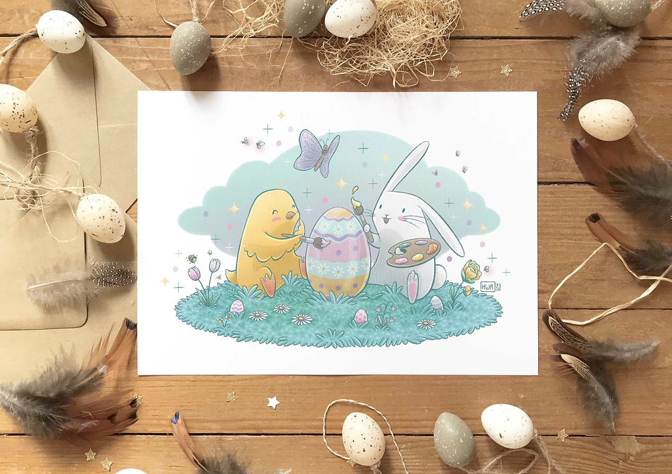 Illustration " Peinture sur oeuf " - Pâques - Formats A6 et A4