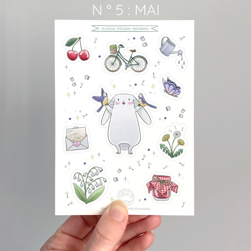 Miniature : Planche stickers A6, avec lapin et éléments de saison, du mois de mai..
