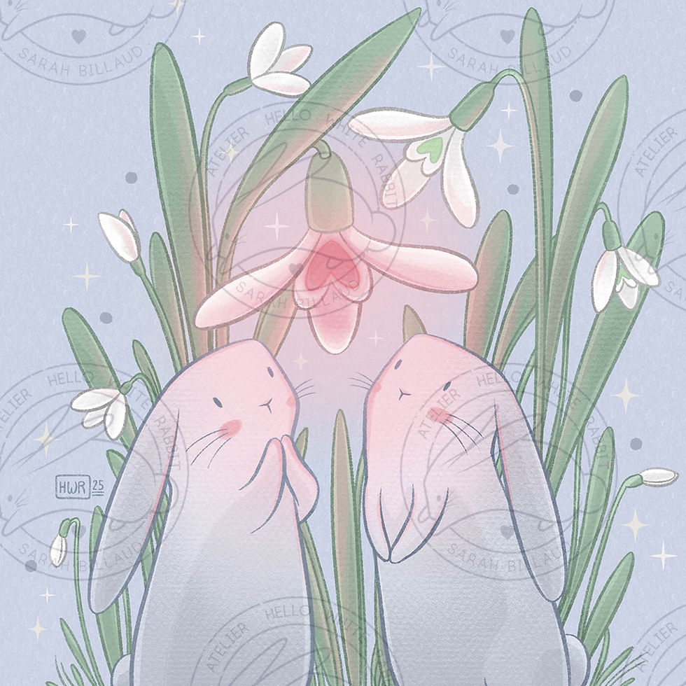 Miniature : Détails illustration lapins blancs amoureux, cœur rose lumineux, couleurs pastel et scènes poétiques mignonnes