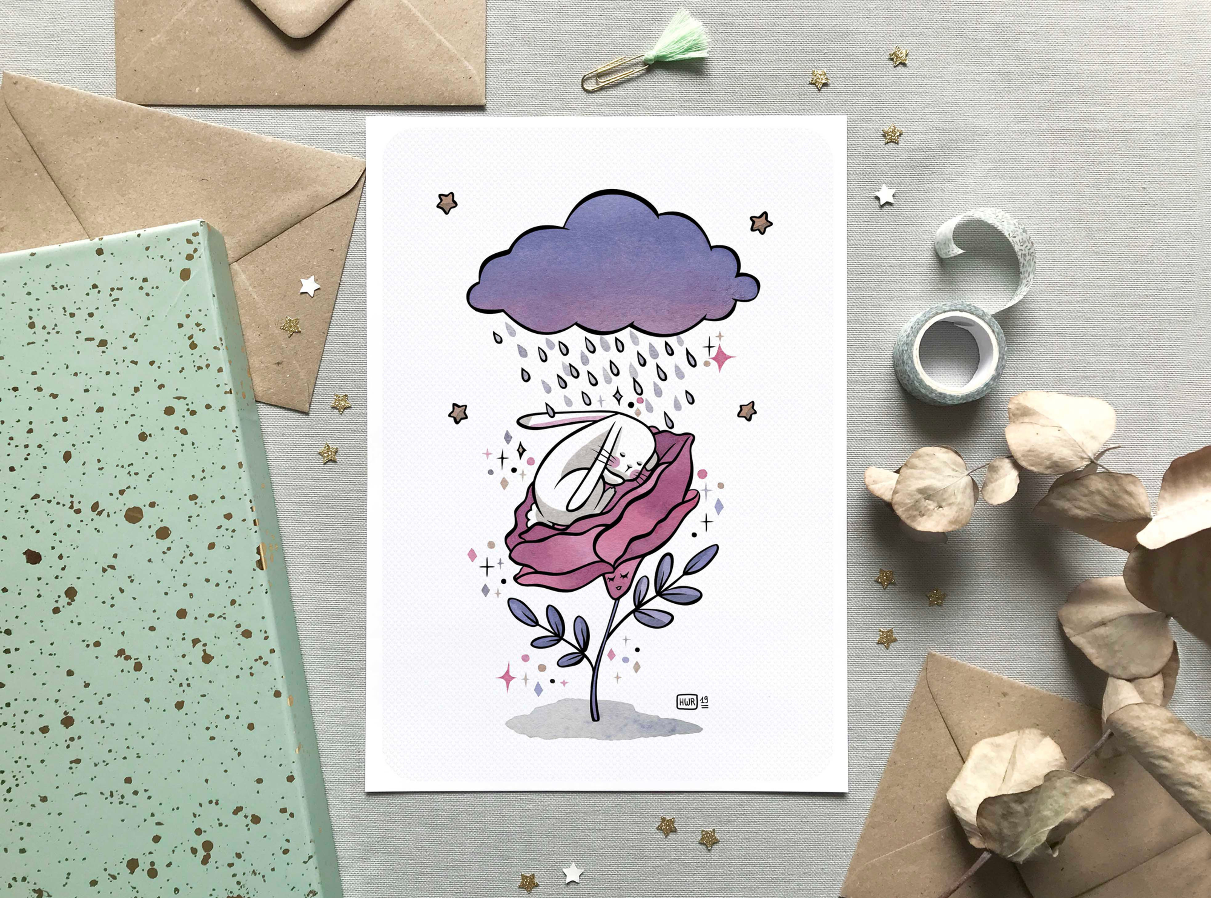 Illustration " Sieste rose " - Carte postale A6 et affiches A4 et A3