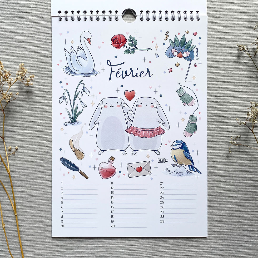 Miniature : Page de février avec lapins amoureux, rose rouge, montrant l’organisation du calendrier perpétuel.