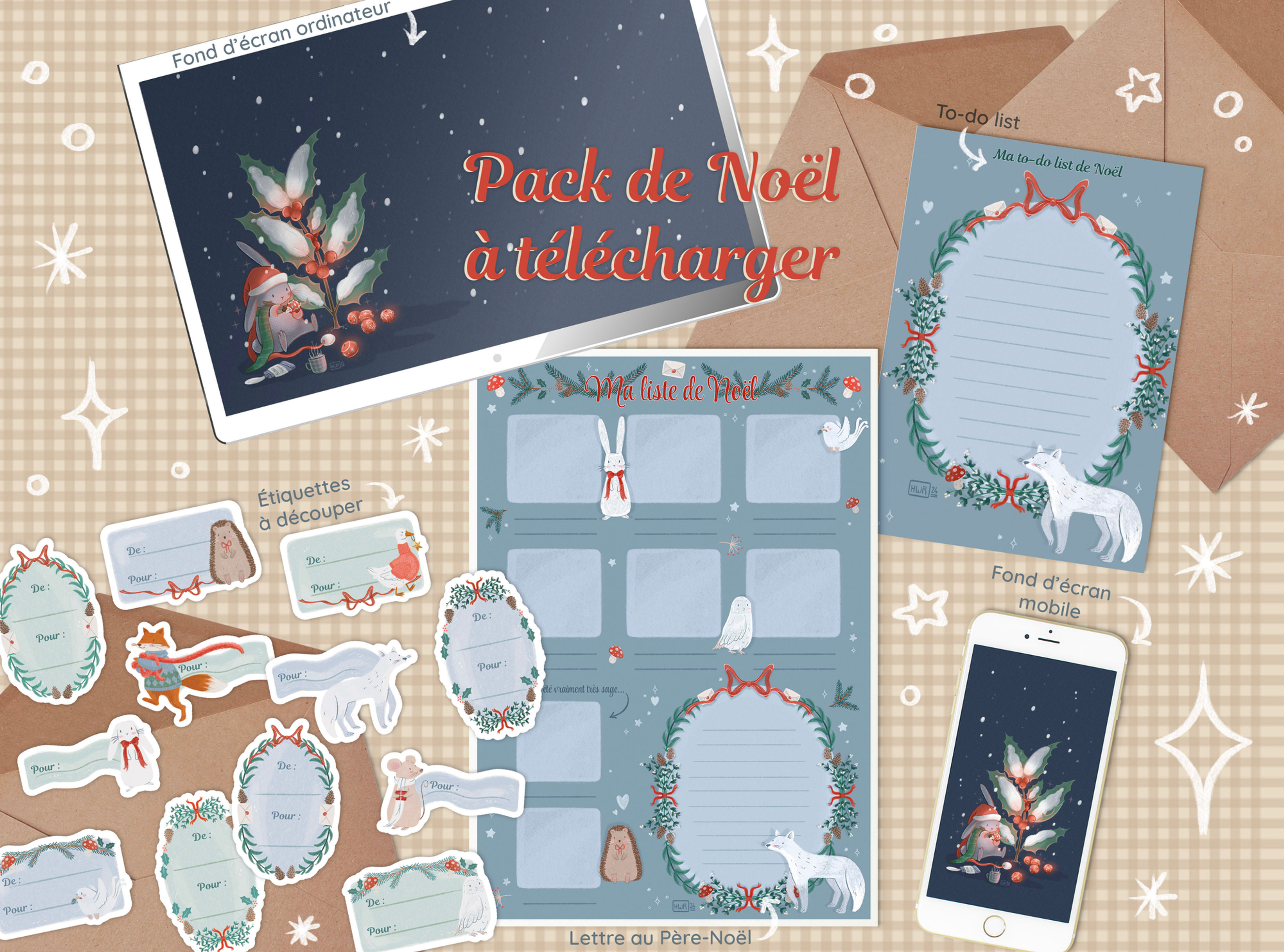 Pack digital de Noël à télécharger, lettres, to-do list, étiquettes et fonds d’écran avec lapin blanc et animaux.