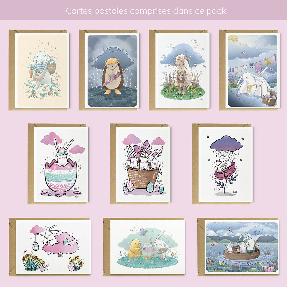 Vue de dessus des 10 cartes du pack avec enveloppes kraft, lapins blancs, animaux mignons et cartes de Pâques.