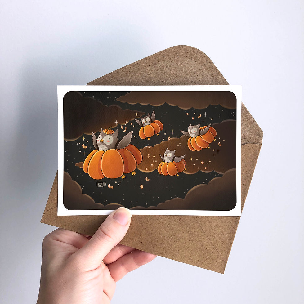 Miniature : Illustration " Défilé de hiboux-citrouilles " - Formats A6, A4 et A3