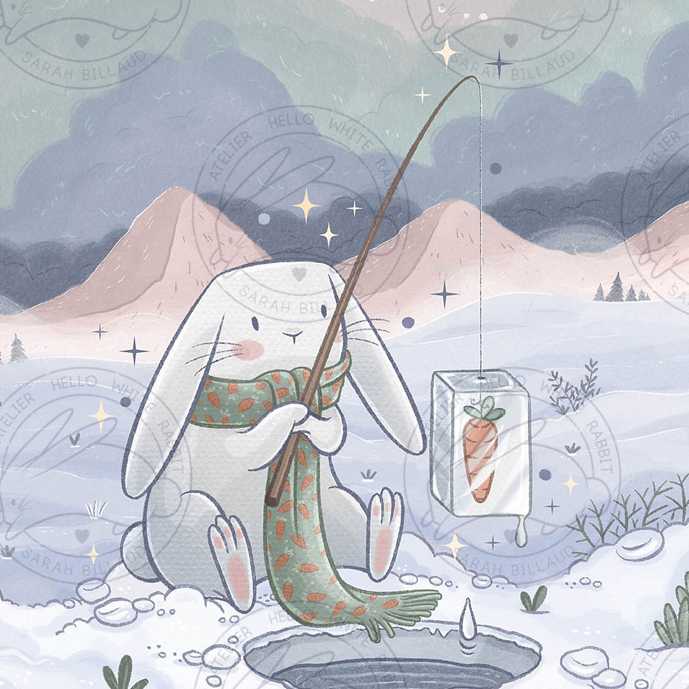 Miniature : Détails illustration lapin blanc sur banquise, traits de crayon et couleurs pastel
