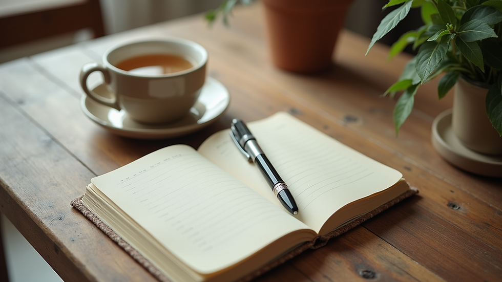 High angle view of a journal and pen on a desk with a cup of herbal tea