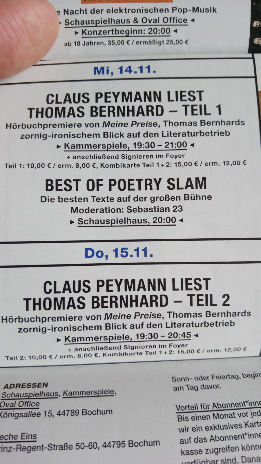Ticket für eine Lesung von Claus Peymann im Bochumer Schauspielhaus