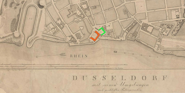 Düsseldorfer Schloss (orange) und Gemäldegalerie (grün)