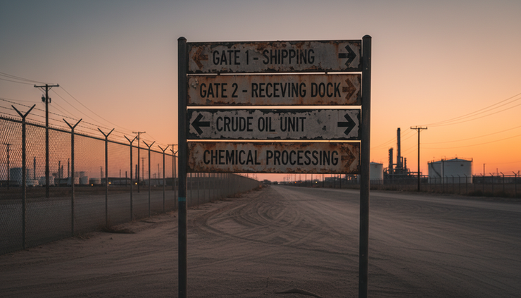 Close-up view of a weathered industrial sign pointing to multiple gates along a dusty truck route.